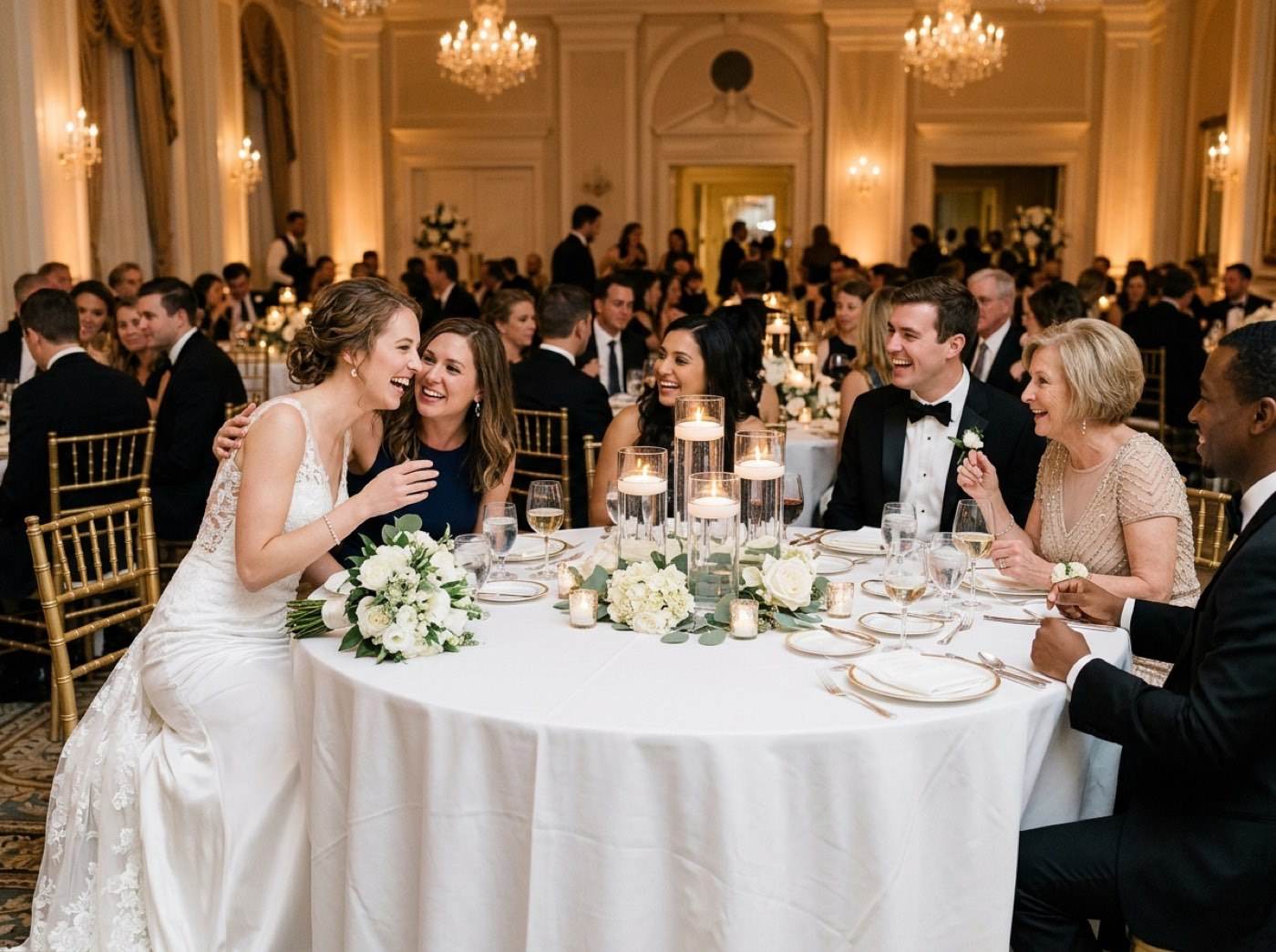 The bride laughs with guests at a round reception table with floating candles in three glass cylinders