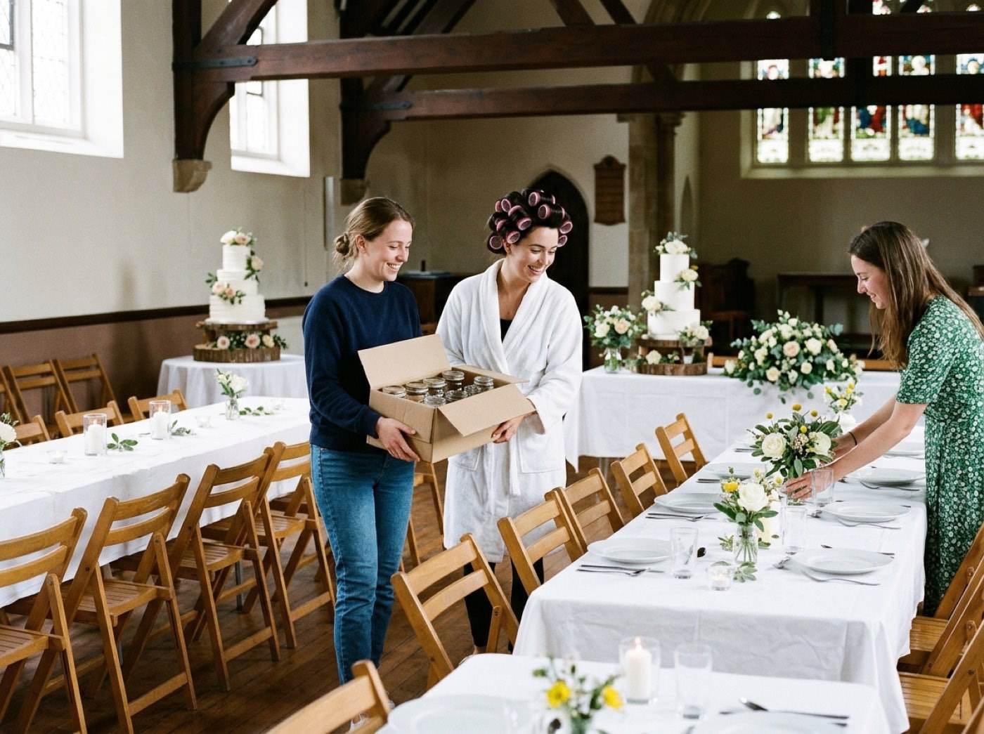 The bride in a robe and hair rollers helps two friends carry a box of jars and set out centerpieces before the reception
