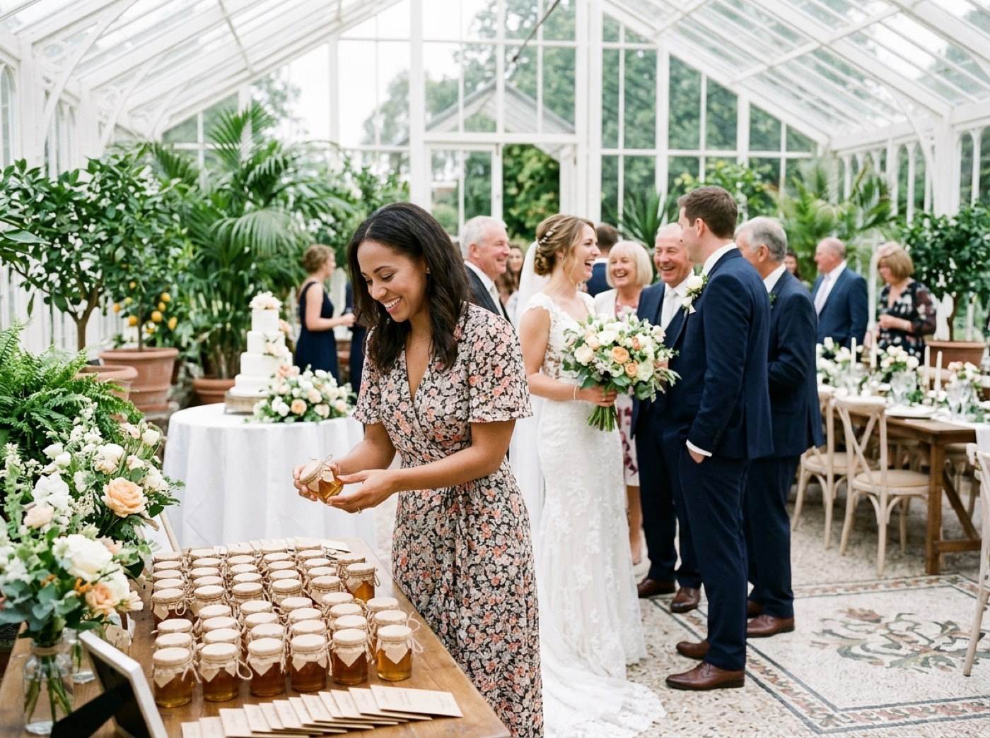 A guest picks up a small honey jar favor from a table of jars while the bride and groom chat with guests behind her