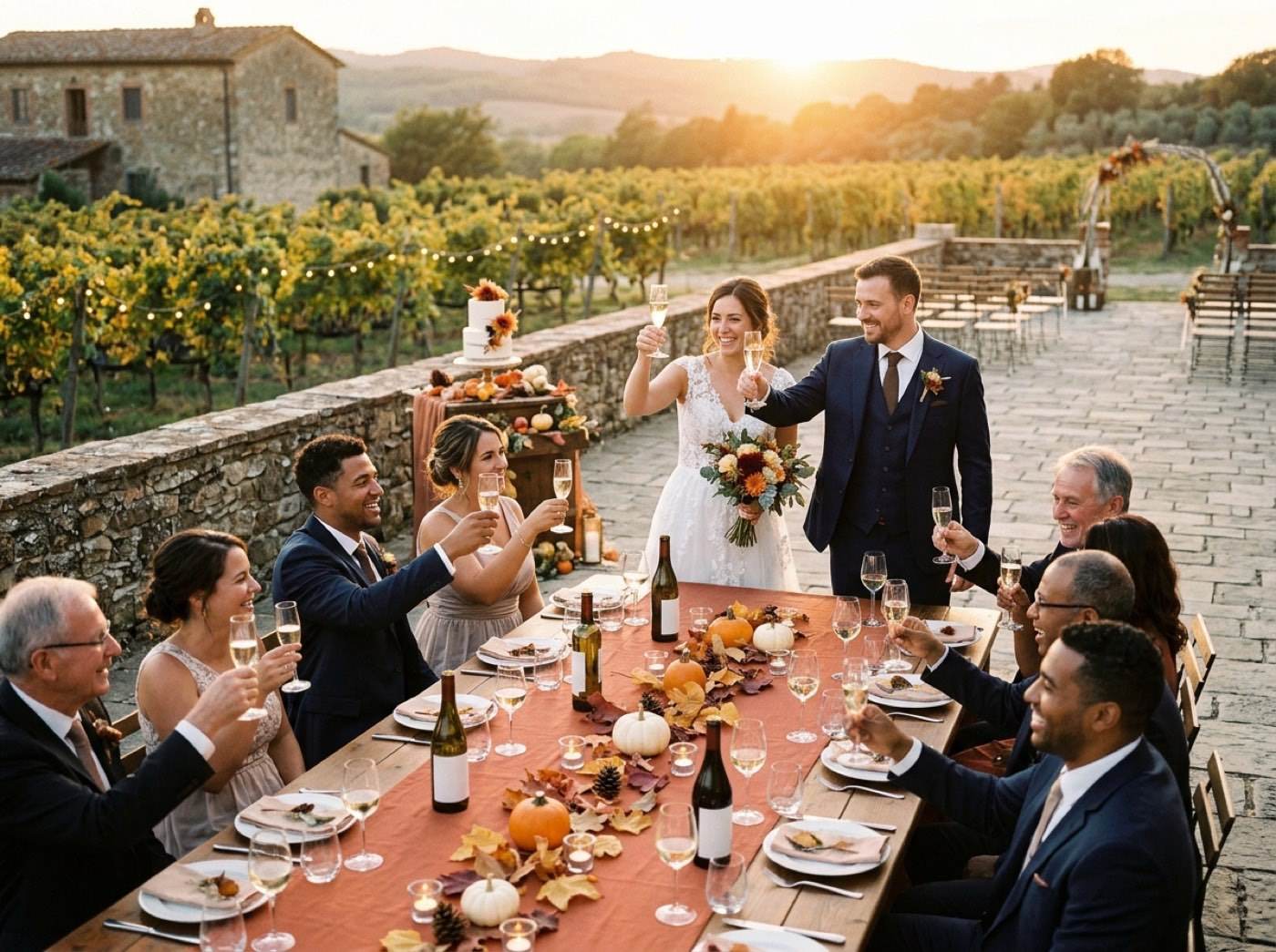 Bride, groom and guests toast at a long vineyard table decorated with small pumpkins, leaves, pine cones and tea lights