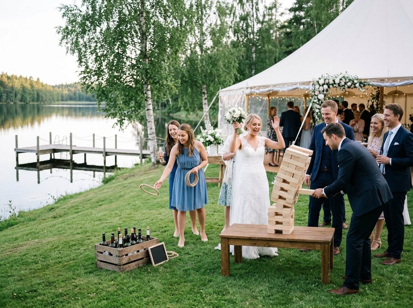 The bride cheers as a guest pulls a block from giant lawn Jenga while others toss rope rings at a crate of wine bottles by a lake