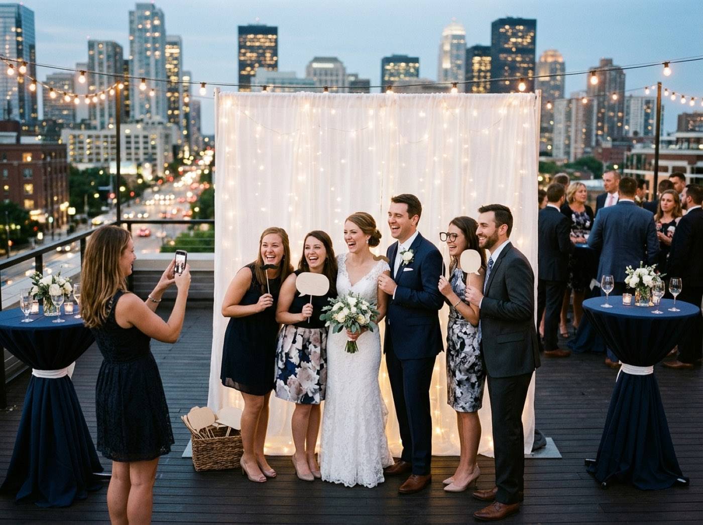 The bride, groom and friends pose with props in front of a white fabric backdrop with fairy lights while a guest takes the photo