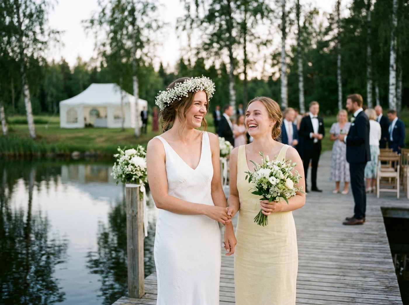 A bridal crown of small white gypsophila clusters taped onto a thin green wire ring, lying on a linen cloth