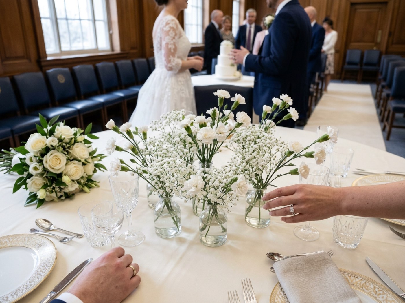 Kleine Glasvasen mit weißen Supermarktblumen auf einer Hochzeitstafel