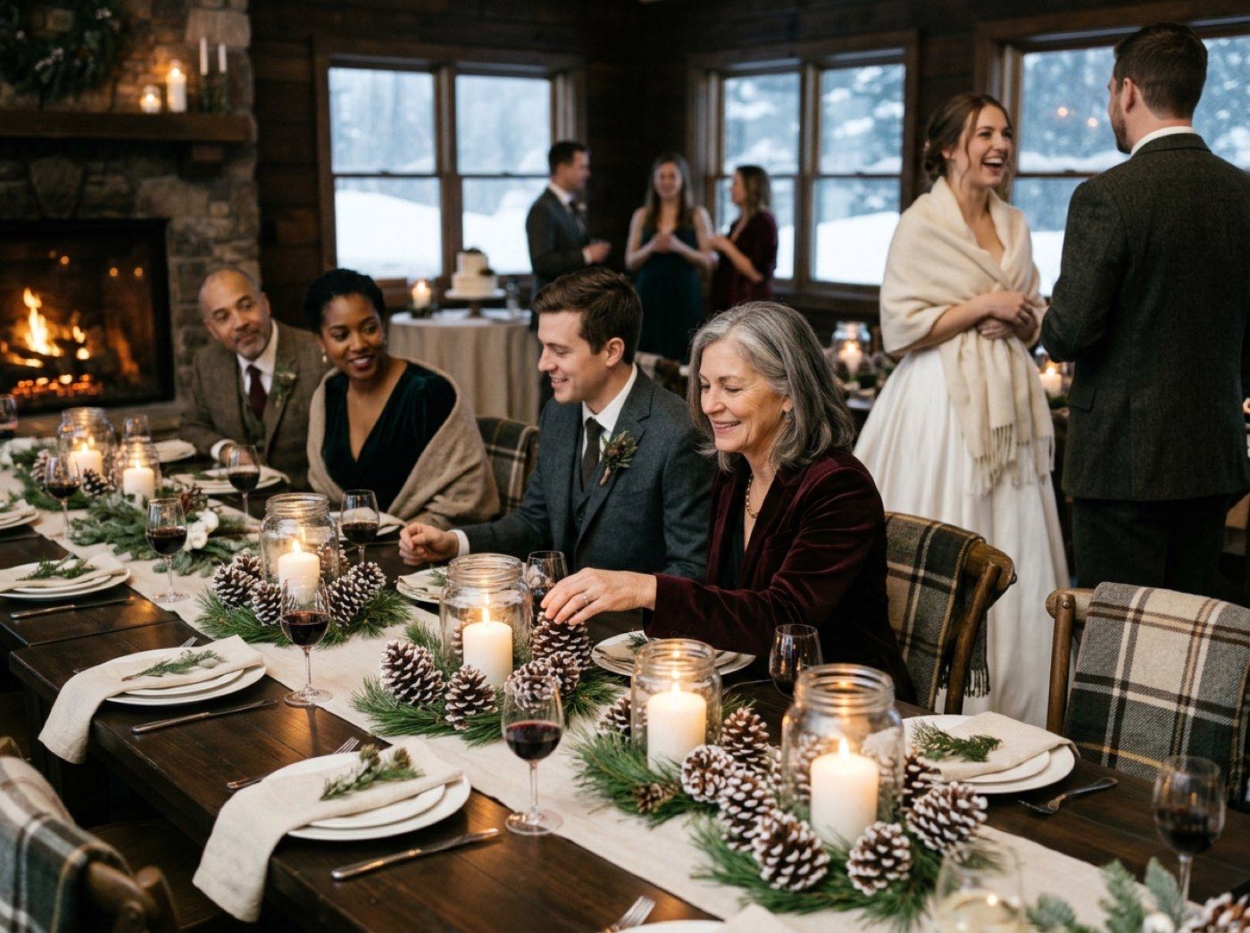Three clear glass jars with glowing white candles on a wooden table, surrounded by pine sprigs and pinecones with white-painted tips