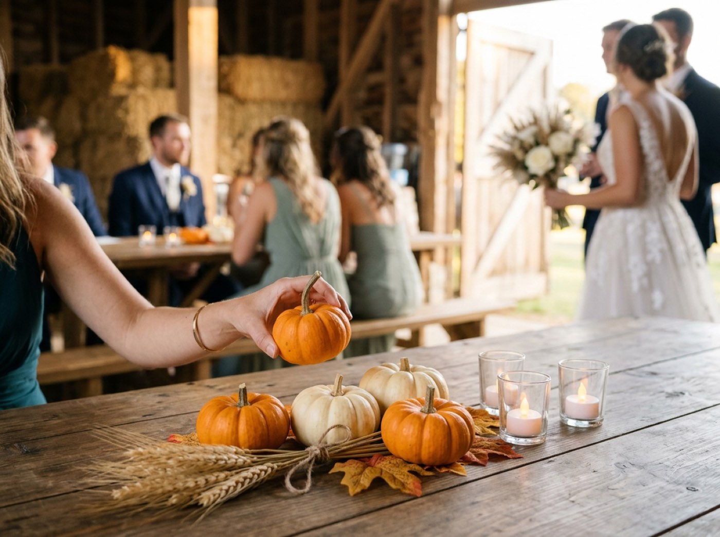 Five orange and white mini pumpkins on a bed of autumn leaves with dried wheat and three glowing tea lights in glass votives on a wooden table