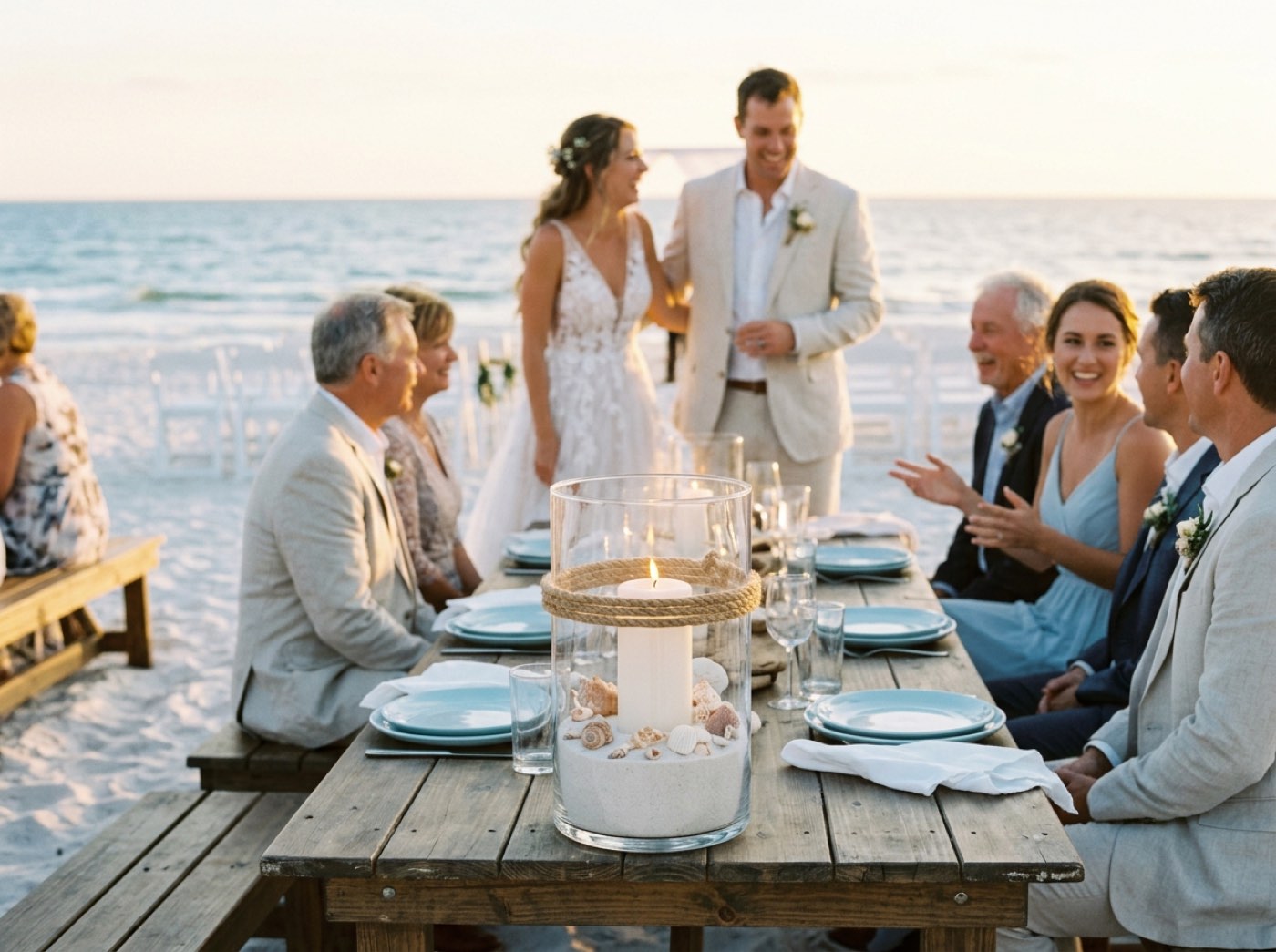 A clear glass hurricane on a reception table with a layer of pale sand, a few seashells and a lit white pillar candle, with jute cord tied around the glass