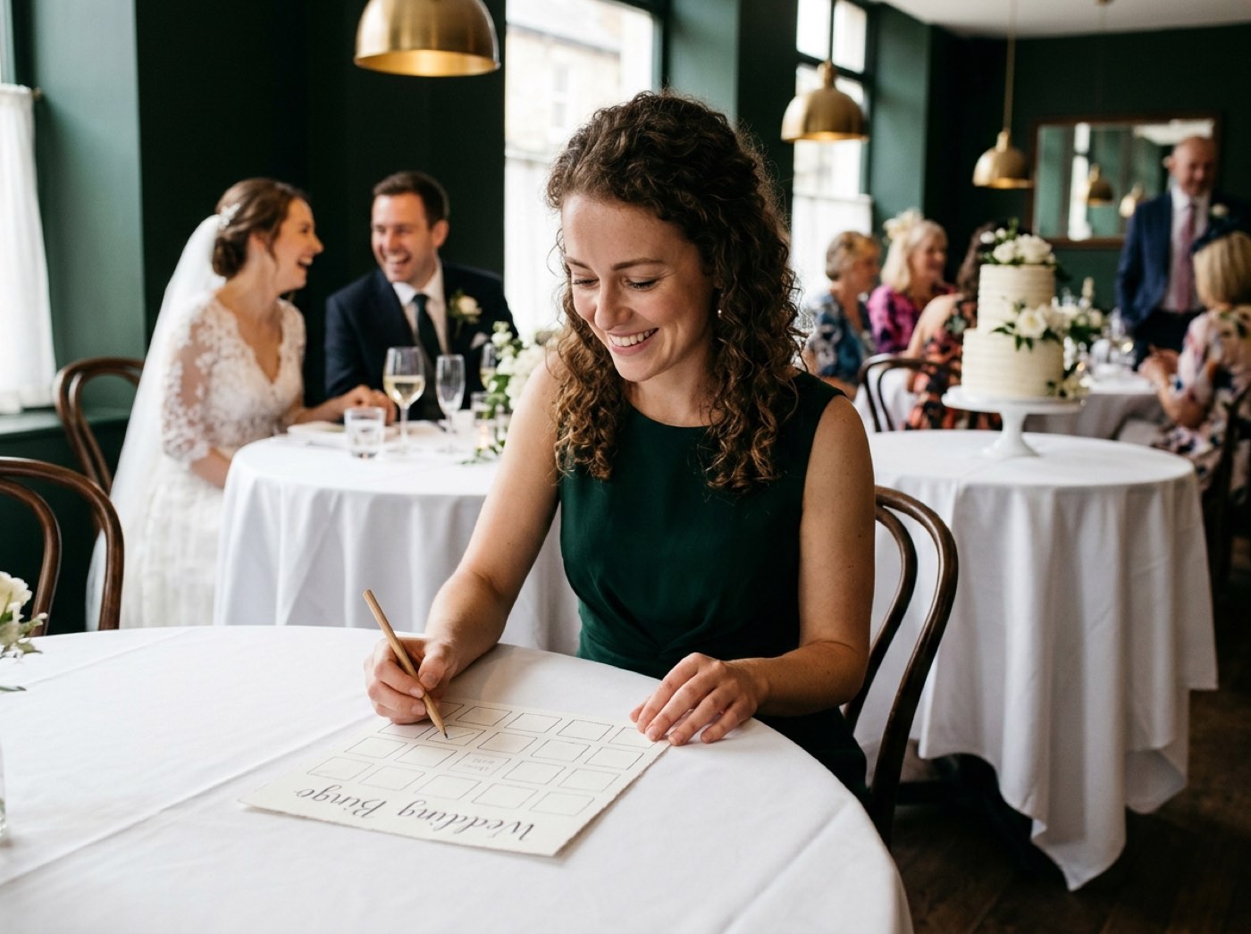 Une carte de bingo blanche au format A5 avec une grille de 5 x 5 cases remplies de signatures d'invités et un petit crayon posé sur une table de mariage