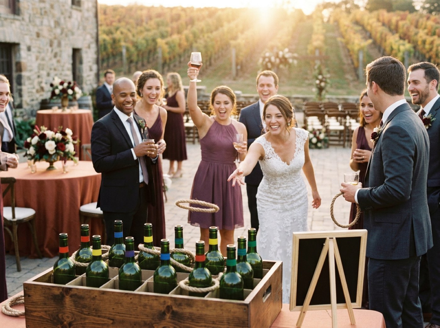 Twelve empty green wine bottles standing in a pine crate on a lawn, with jute rope rings and a small chalkboard of rules beside it